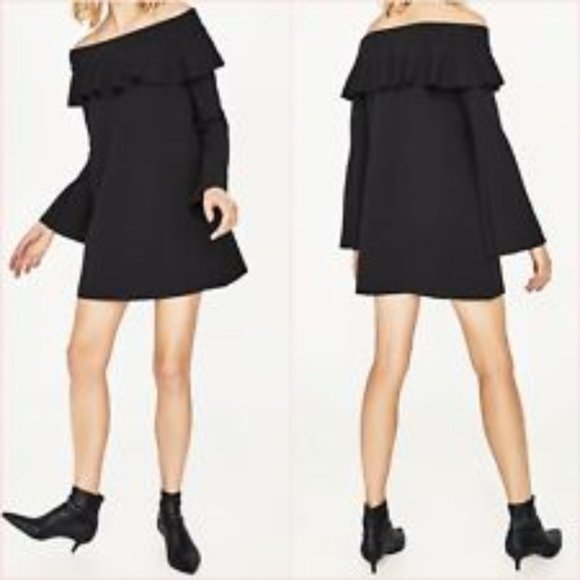 Zara Off the Shoulder Ruffle Black Mini Dress - Picture 3 of 11